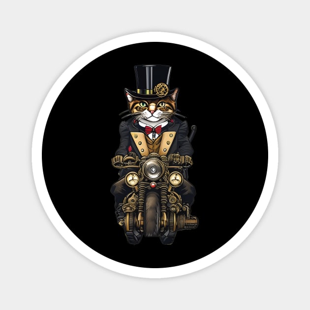 Cool Steampunk Feline in Top Hat and Gear Riding Motorcycle Magnet by ImaginativeInkPOD